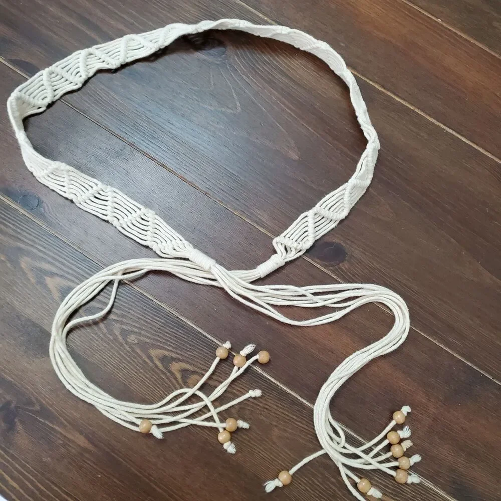 Vintage Macrame Belt Cream Cotton Ties Beads Fringe 30-32